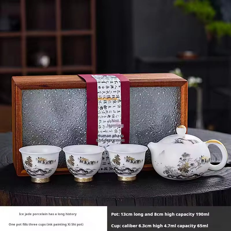Tea Set Ice Jade Porcelain Three Cups One Pot Sheath Wooden Box Porcelain Kung Fu Tea Set Travel Tea Set Gift Packaging Gift