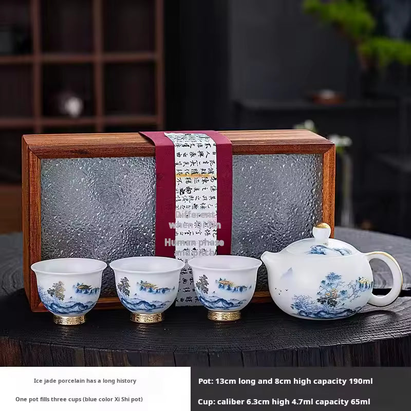 Tea Set Ice Jade Porcelain Three Cups One Pot Sheath Wooden Box Porcelain Kung Fu Tea Set Travel Tea Set Gift Packaging Gift