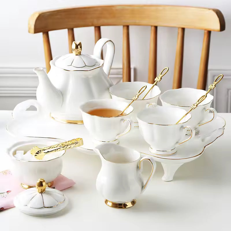 Teapot and Cup 14pcs Porcelain Cup Sets for Coffee and Tea Teapot White and Gold Tea Cup and Pot Set