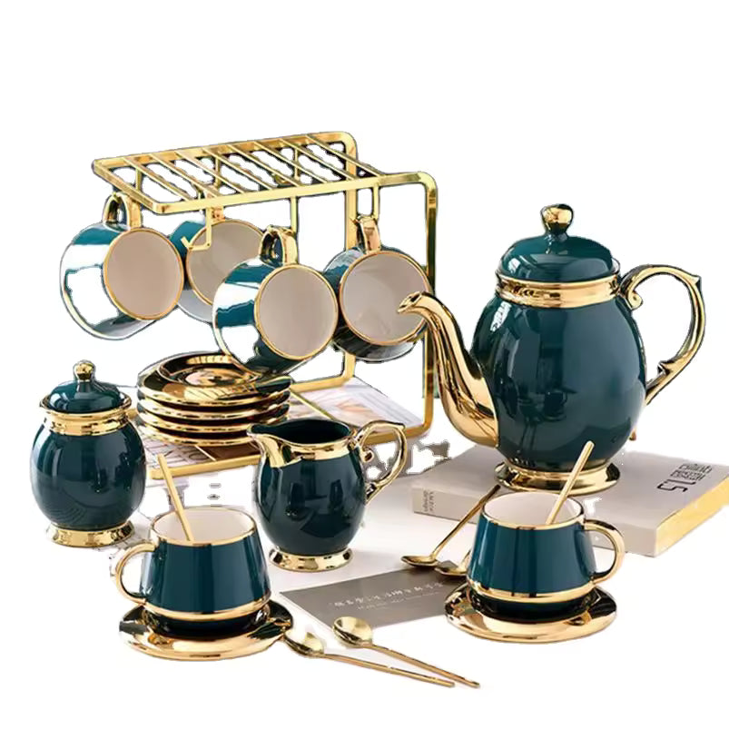New European Small Luxury Gold Edge Coffee Cup and Plate Set Ceramic Afternoon Tea Set with Cup Holder