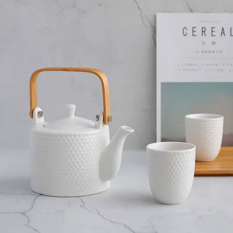 900ml 30oz Elegant White Ceramic Porcelain Modern Japanese Style Teapot and Cups Set with Infuser for Home and Restaurant Use