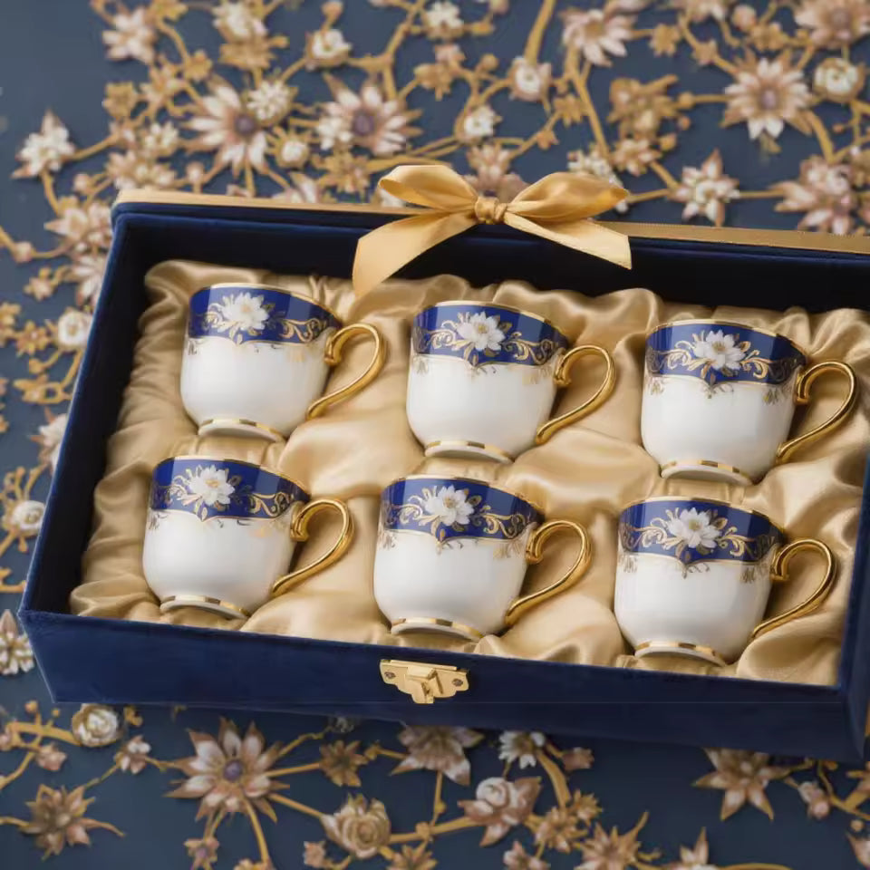 Bone China Gold Dinnerware Royal Blue Dubai Style Tableware Set Coffee Cup Saucer Teapot Gift Box Afternoon Tea Ceramic Set