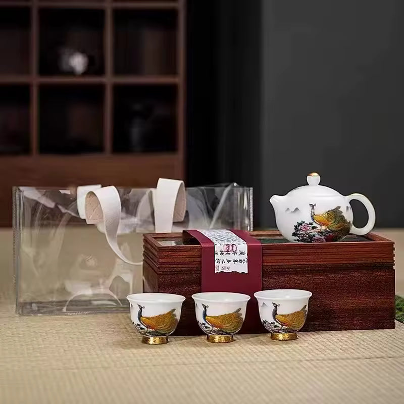 Tea Set Ice Jade Porcelain Three Cups One Pot Sheath Wooden Box Porcelain Kung Fu Tea Set Travel Tea Set Gift Packaging Gift