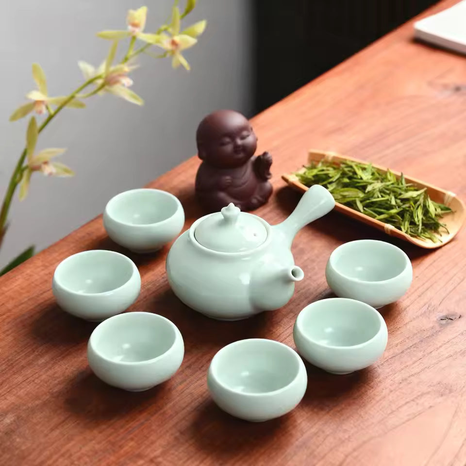 High-end Ceramic Tea Set Handmade Ru Kiln Tea Set with Teapot and 6 Cups,Chinese Celadon Crackle Glaze Masterpiece