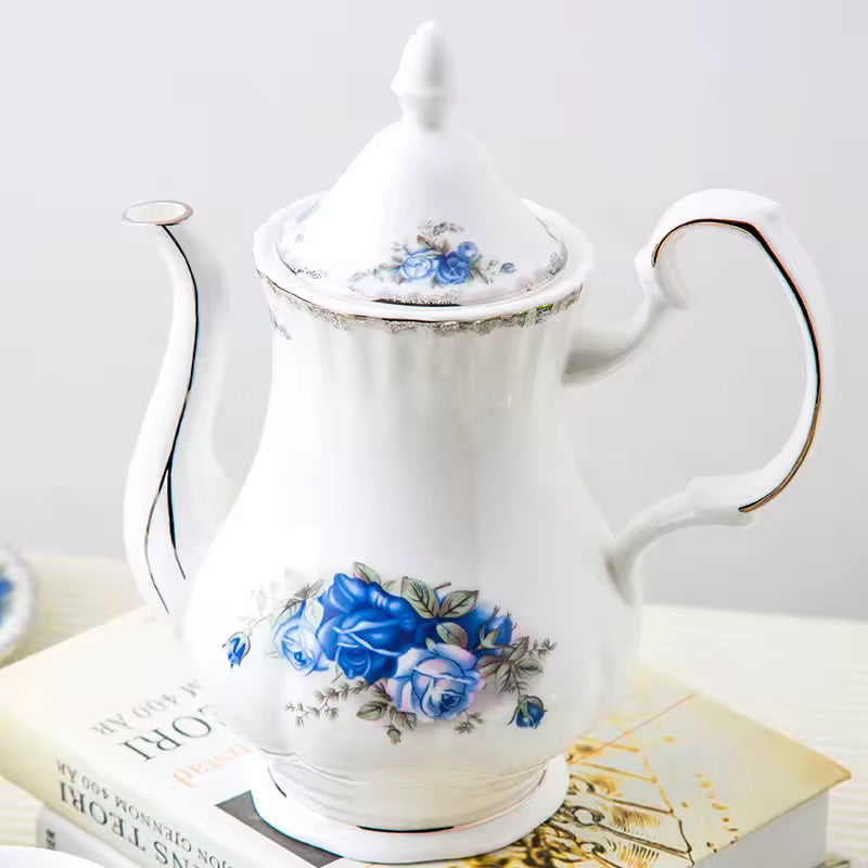 Fine Bone China Classic Blue Moonlight Rose Gold Luxury Large Capacity Tea Set