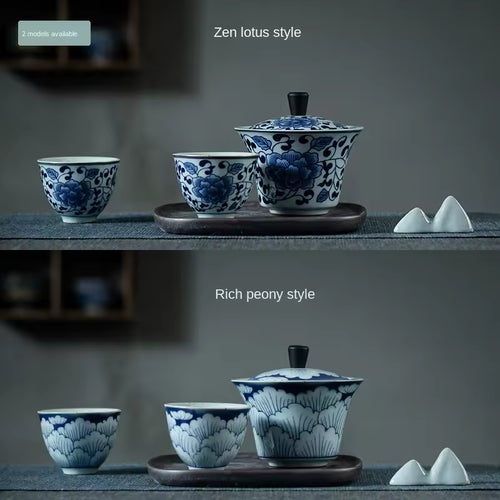 Blue and White Tea Set Gaiwan 2 Tea Cup Office Simple Dry Pour Porcelain Kung Fu Tea Set Mini Set
