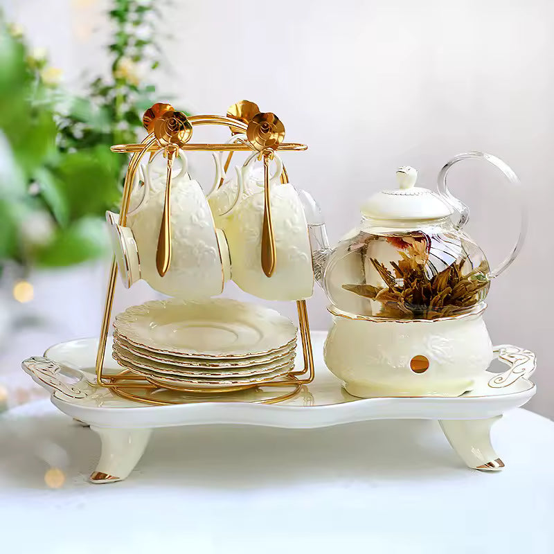 Vintage Ceramic Tea Cup Set With Teapot Gold Porcelain Luxury 13pcs Rim White Customized Logo Europe 6 Set