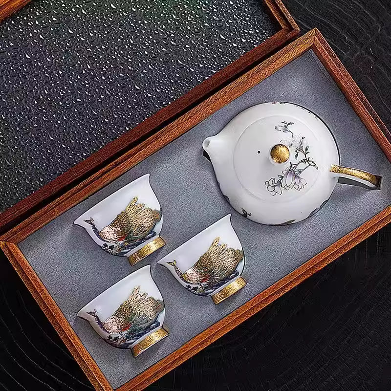 Tea Set Ice Jade Porcelain Three Cups One Pot Sheath Wooden Box Porcelain Kung Fu Tea Set Travel Tea Set Gift Packaging Gift