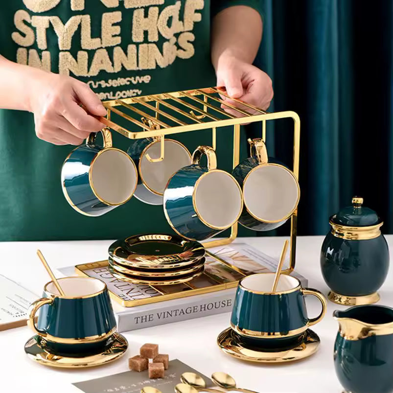 New European Small Luxury Gold Edge Coffee Cup and Plate Set Ceramic Afternoon Tea Set with Cup Holder