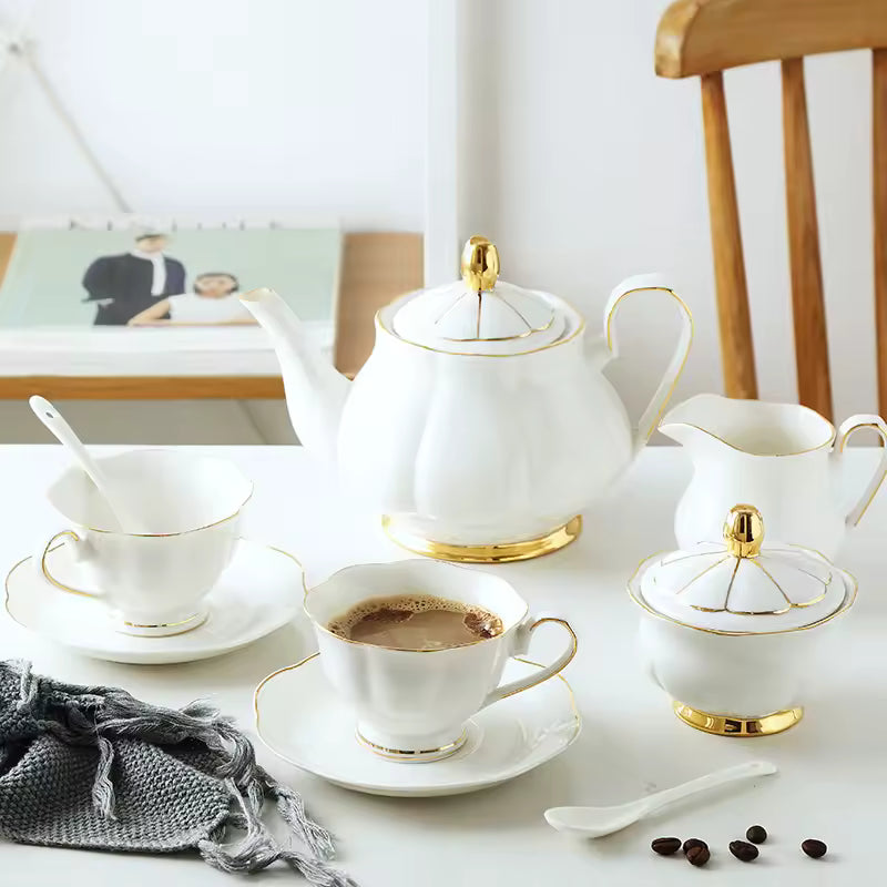 Teapot and Cup 14pcs Porcelain Cup Sets for Coffee and Tea Teapot White and Gold Tea Cup and Pot Set