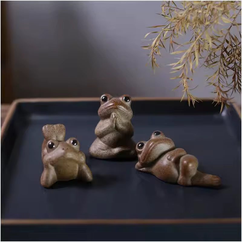 Buddha Style Reclining Leisurely Zen Frog Tea Pet Ornaments Rough Pottery Handmade Tea Table Decoration Gongfu Tea Accessories