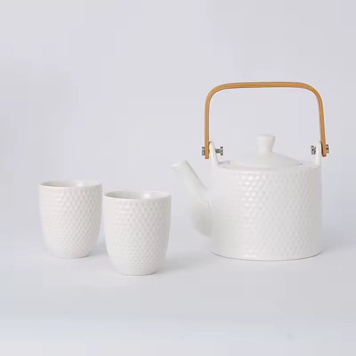 900ml 30oz Elegant White Ceramic Porcelain Modern Japanese Style Teapot and Cups Set with Infuser for Home and Restaurant Use