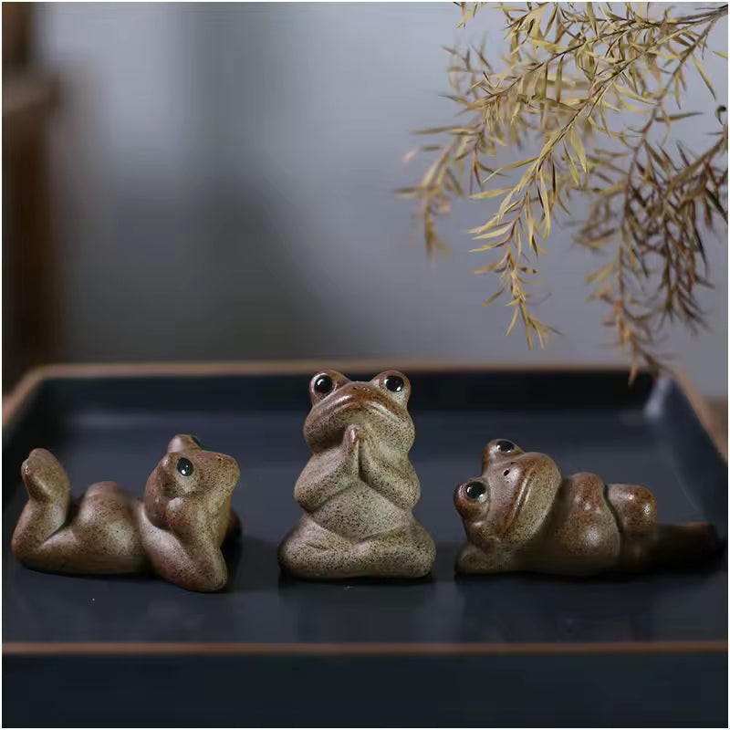 Buddha Style Reclining Leisurely Zen Frog Tea Pet Ornaments Rough Pottery Handmade Tea Table Decoration Gongfu Tea Accessories
