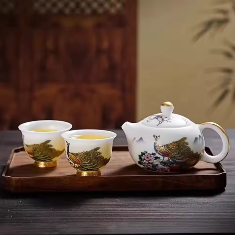 Tea Set Ice Jade Porcelain Three Cups One Pot Sheath Wooden Box Porcelain Kung Fu Tea Set Travel Tea Set Gift Packaging Gift