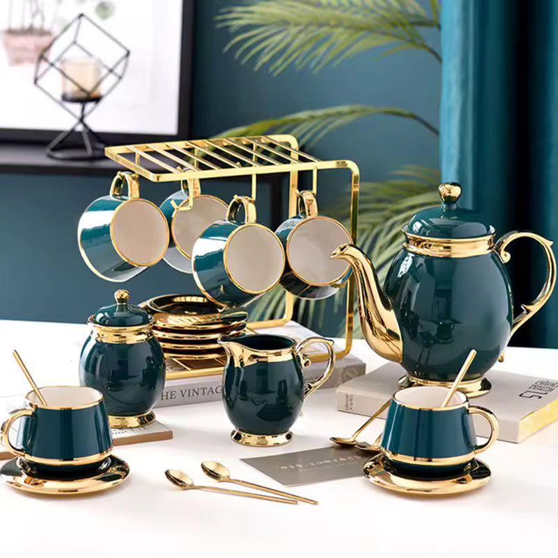 New European Small Luxury Gold Edge Coffee Cup and Plate Set Ceramic Afternoon Tea Set with Cup Holder