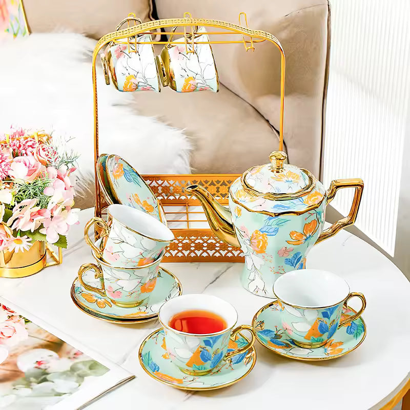 European-style Coffee Cup and Saucer Set Ceramic Teapot Afternoon Tea Set with Gold Trim for Home Use