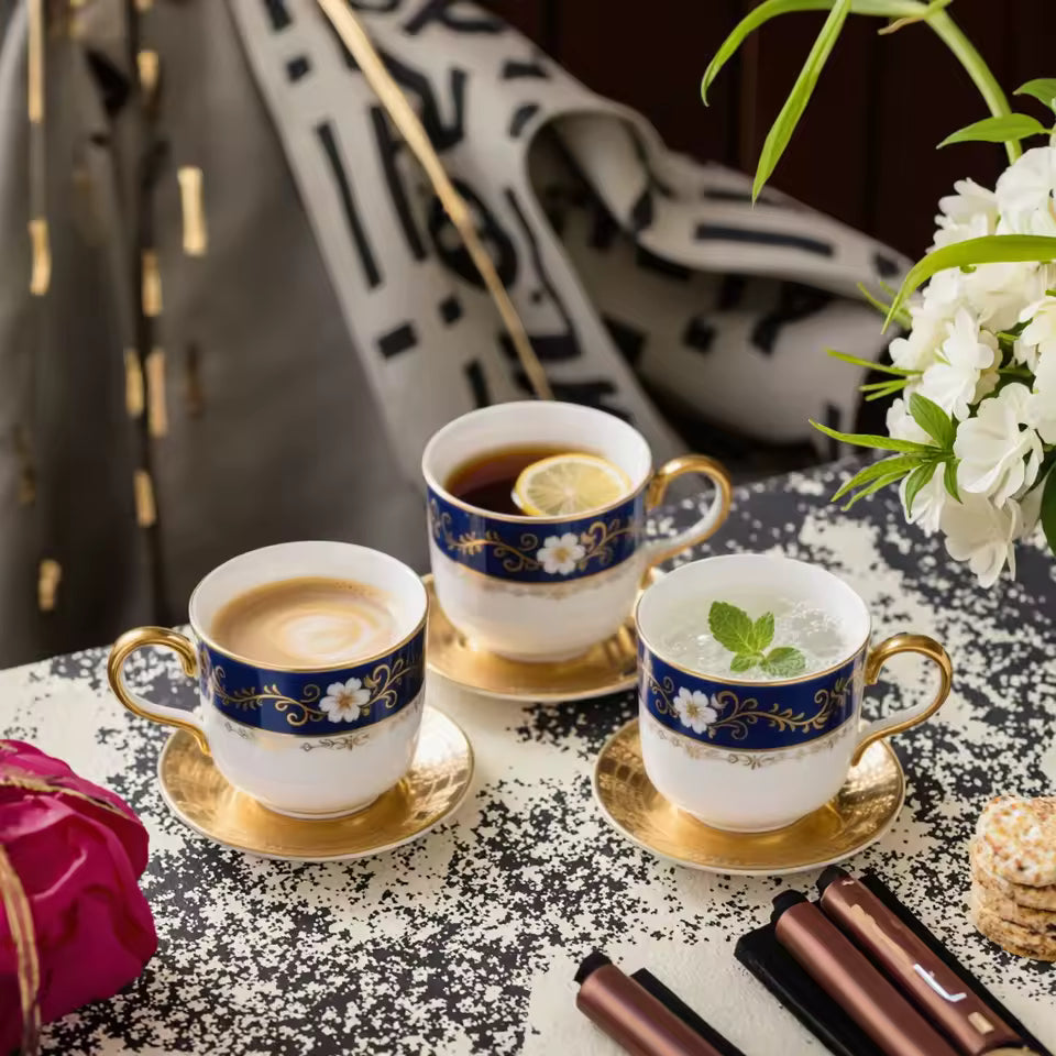 Bone China Gold Dinnerware Royal Blue Dubai Style Tableware Set Coffee Cup Saucer Teapot Gift Box Afternoon Tea Ceramic Set