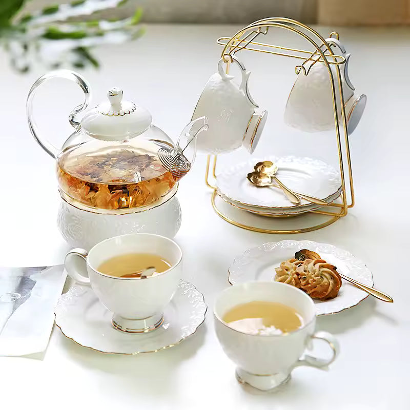Vintage Ceramic Tea Cup Set With Teapot Gold Porcelain Luxury 13pcs Rim White Customized Logo Europe 6 Set
