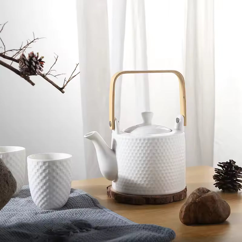 900ml 30oz Elegant White Ceramic Porcelain Modern Japanese Style Teapot and Cups Set with Infuser for Home and Restaurant Use