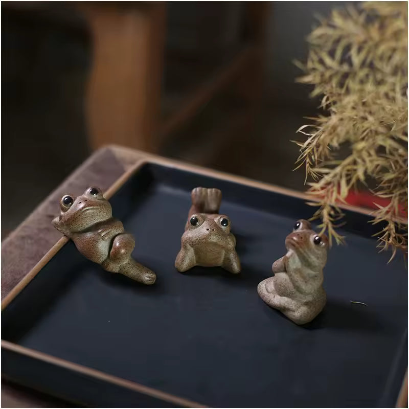 Buddha Style Reclining Leisurely Zen Frog Tea Pet Ornaments Rough Pottery Handmade Tea Table Decoration Gongfu Tea Accessories