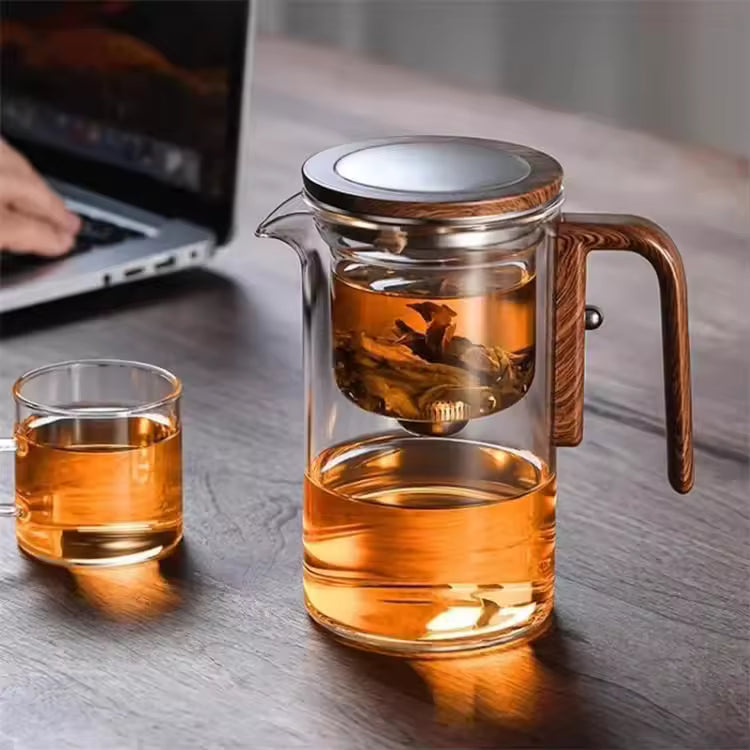 Factory Hot Selling 800ml Water Separation Magical Glass Teapot With Strainer and Wooden Handle