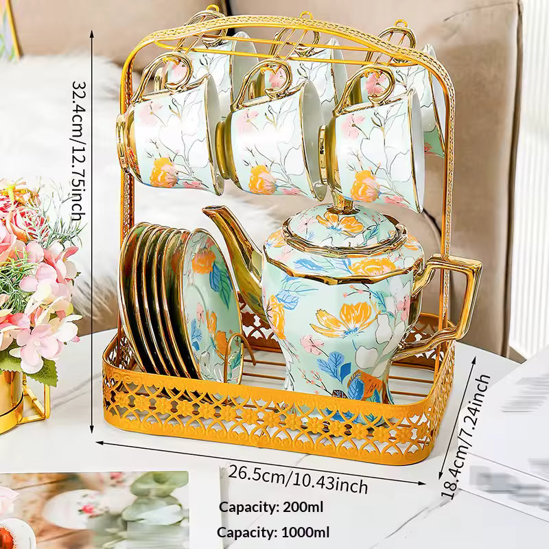 European-style Coffee Cup and Saucer Set Ceramic Teapot Afternoon Tea Set with Gold Trim for Home Use