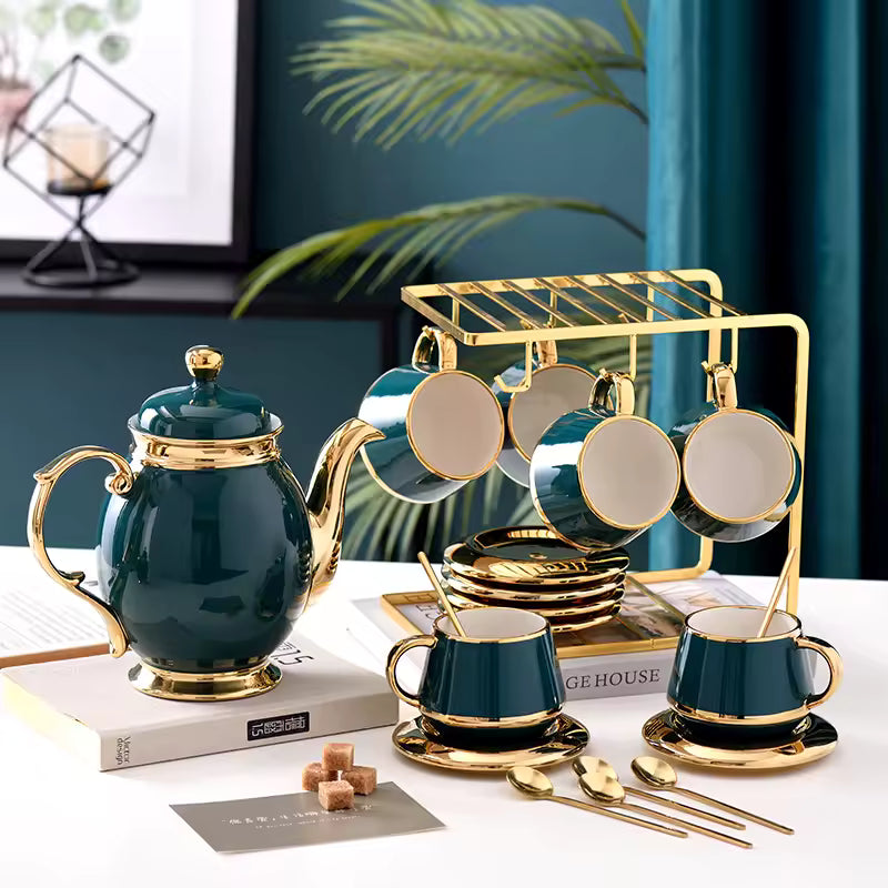 New European Small Luxury Gold Edge Coffee Cup and Plate Set Ceramic Afternoon Tea Set with Cup Holder