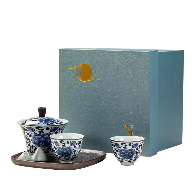 Blue and White Tea Set Gaiwan 2 Tea Cup Office Simple Dry Pour Porcelain Kung Fu Tea Set Mini Set