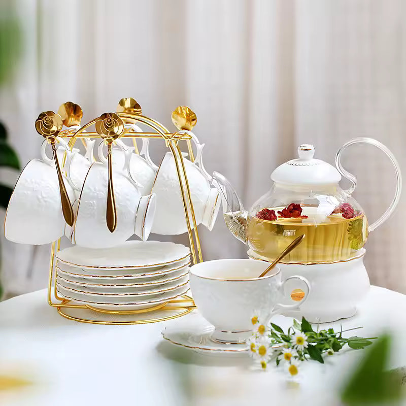 Vintage Ceramic Tea Cup Set With Teapot Gold Porcelain Luxury 13pcs Rim White Customized Logo Europe 6 Set