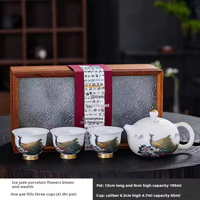 Tea Set Ice Jade Porcelain Three Cups One Pot Sheath Wooden Box Porcelain Kung Fu Tea Set Travel Tea Set Gift Packaging Gift