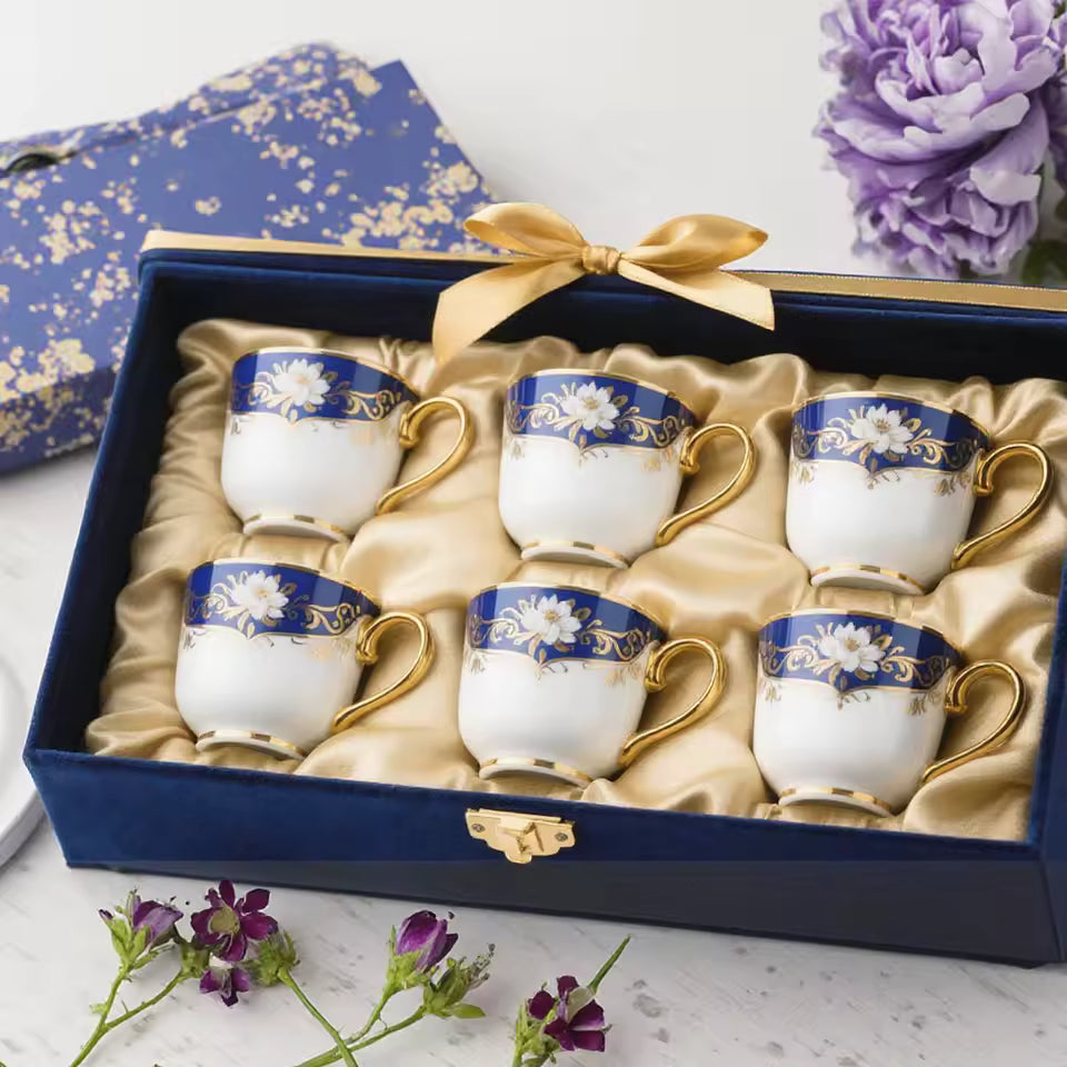 Bone China Gold Dinnerware Royal Blue Dubai Style Tableware Set Coffee Cup Saucer Teapot Gift Box Afternoon Tea Ceramic Set