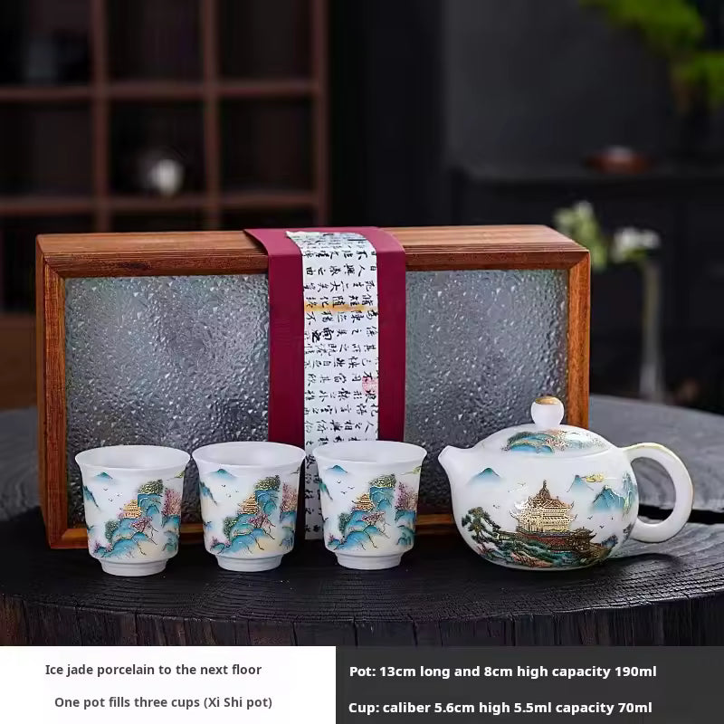 Tea Set Ice Jade Porcelain Three Cups One Pot Sheath Wooden Box Porcelain Kung Fu Tea Set Travel Tea Set Gift Packaging Gift