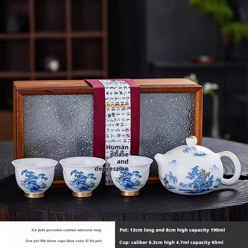 Tea Set Ice Jade Porcelain Three Cups One Pot Sheath Wooden Box Porcelain Kung Fu Tea Set Travel Tea Set Gift Packaging Gift