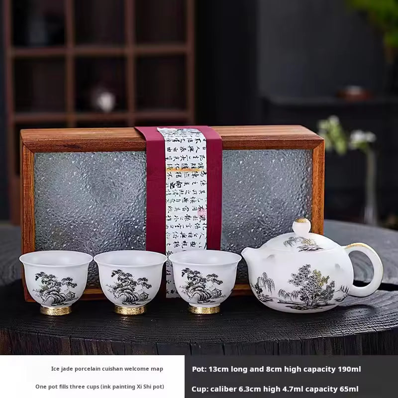 Tea Set Ice Jade Porcelain Three Cups One Pot Sheath Wooden Box Porcelain Kung Fu Tea Set Travel Tea Set Gift Packaging Gift